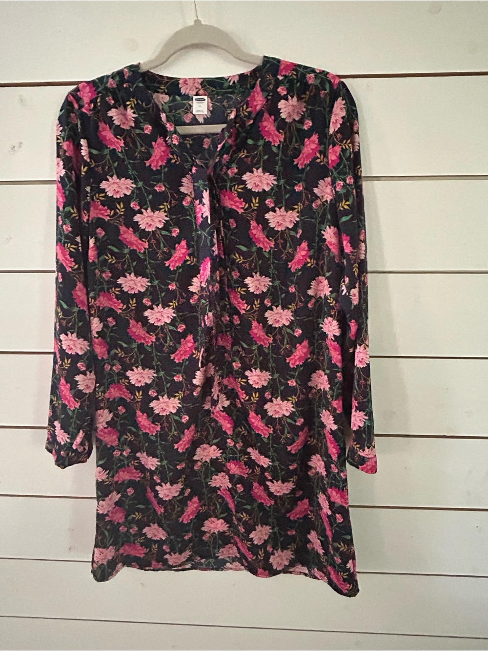 Old Navy Pink Floral Long Sleeve Tie-Neck Hidden Button Placket Dress Med.